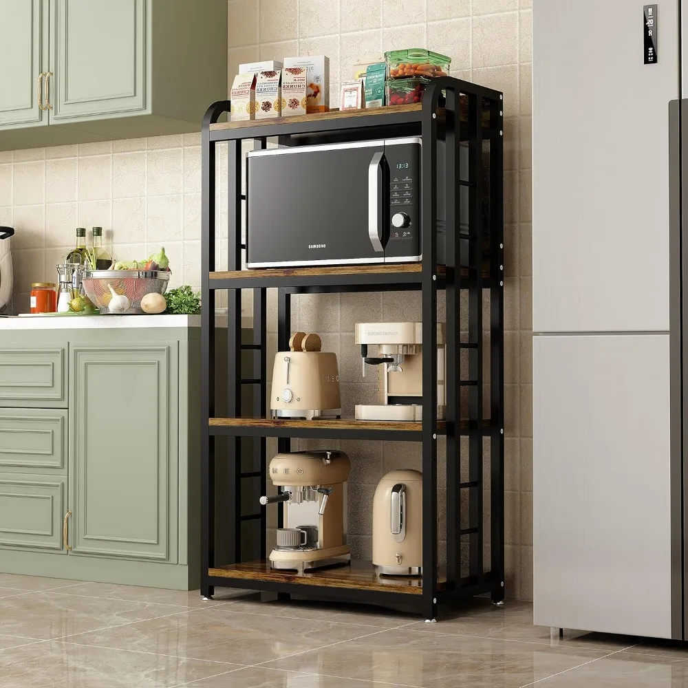 

4-уровневый кухонный стеллаж для выпечки с вращающимися колесами, стойка-тележка для микроволновой печи, Регулируемый универсальный стеллаж для хранения (коричневый)