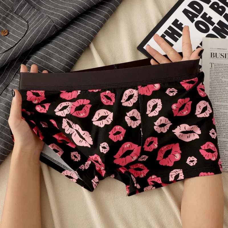 Erkek Boksörler Artı Boyutu Erkek Antibakteriyel Lingerie Pamuk Spor İç Giyim Alevli Dudaklar Gül Baskı Konfor Külot Şort