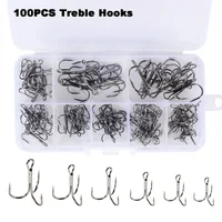 100Pcs 2# 4# 6# 8# 10# Super Strong Fishing Hook High Carbon Steel Treble Overturned Hooks Fishing Tackle Round Bend Treble Bait 1