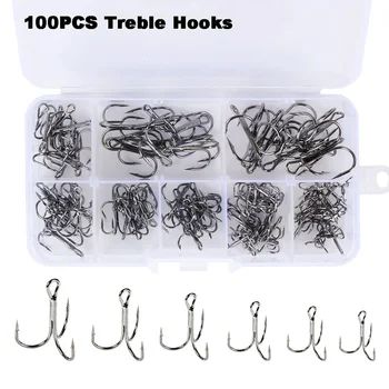 100Pcs 2# 4# 6# 8# 10# Super Strong Fishing Hook High Carbon Steel Treble Overturned Hooks Fishing Tackle Round Bend Treble Bait 1
