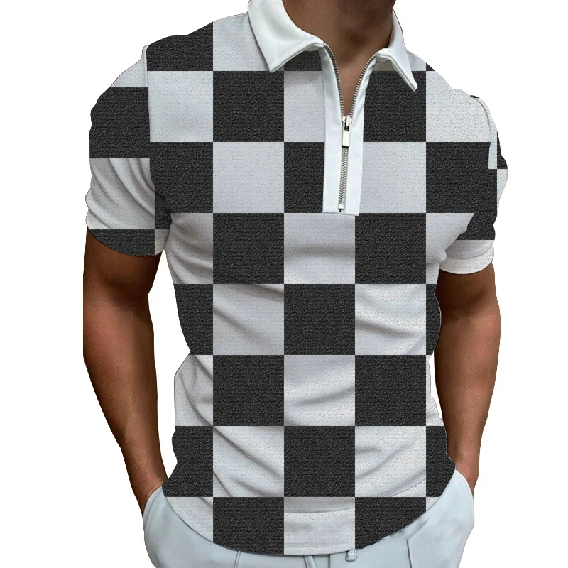 

2023 New Men Polo Shirts Summer High Quality Casual Fashion Short Sleeve Striped Zipper Lapel Polo S-3xl
