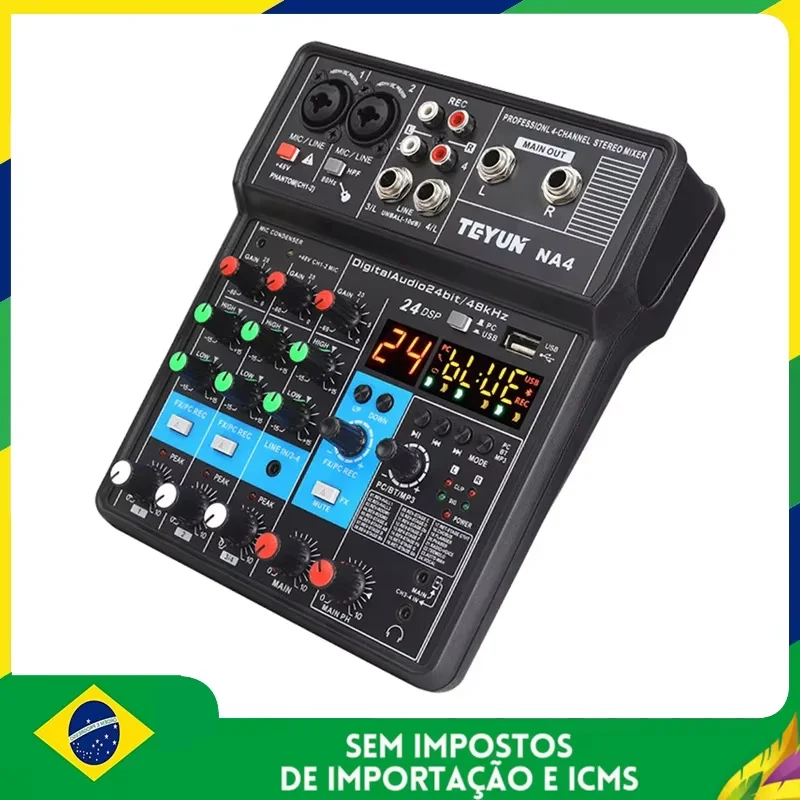 TEYUN 4-Channel Professional Sound Mixer Console Mini Audio Mixer Sound Card Computer Input 48v Power USB Computer Record NA4 1