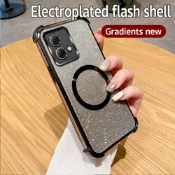 Luxury Plating Shockproof Clear Magnetic Ring Phone Case with Glitter Soft Cover for Moto G82 5G (Black)
