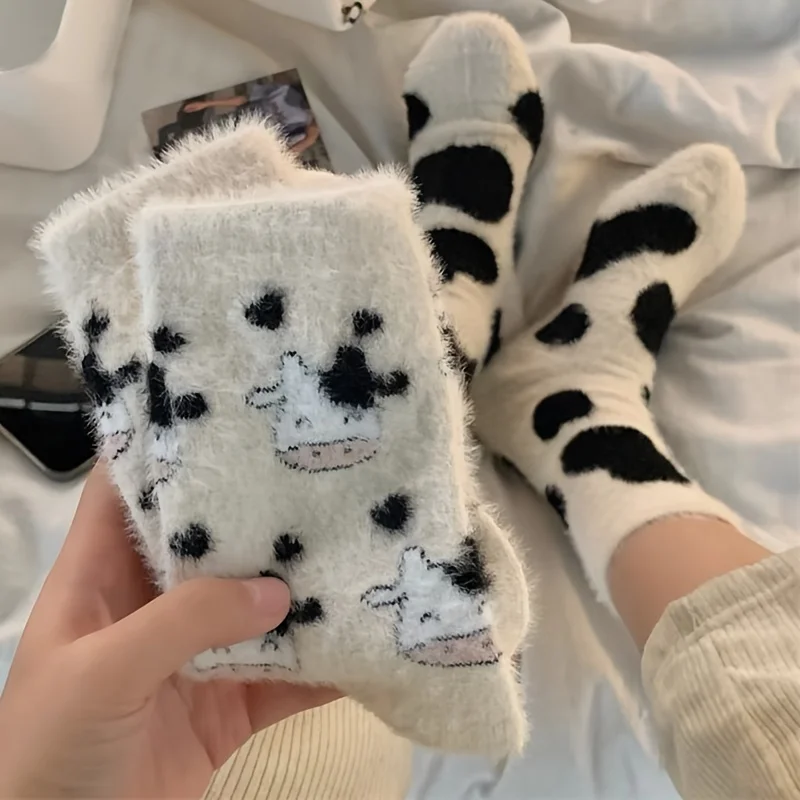 2 Pairs Cute Cow Print Socks for Winter, Warm Plush Mid-Calf Socks for Women, Soft Comfortable Casual & Home Wear, Fashionable G
