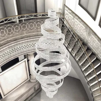 2024 Luxury Staircase Crystal LED Chandelier For Living  Lobby Large Ring Cristal Hanging Lighting Chrome Long Indoor Lamp