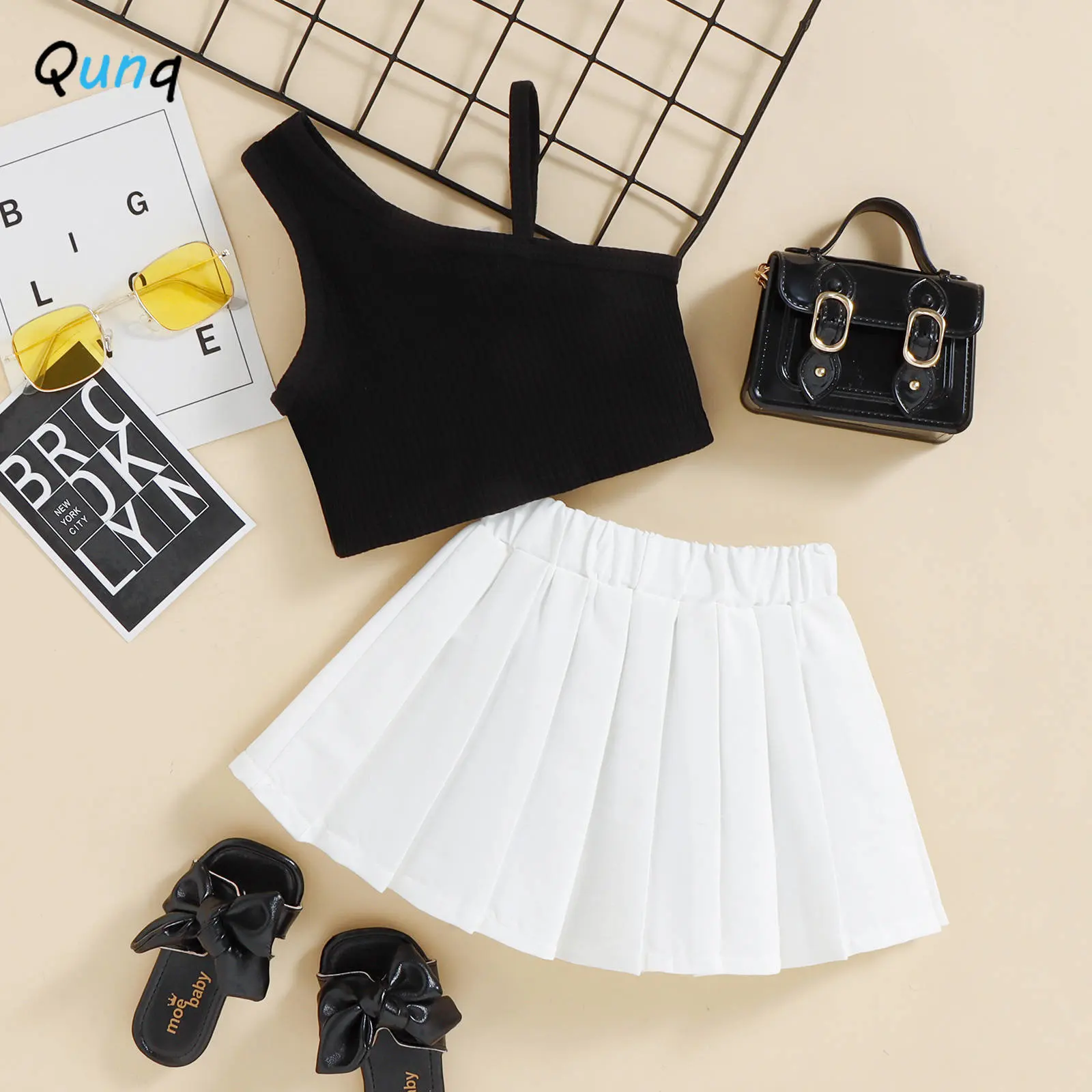 

Qunq 2023 Summer New Girls Solid Sleeveless Sloping Shoulder Sling Top+Pleated Skirt 2 Pieces Set Casual Kids Clothes Age 3T-8T