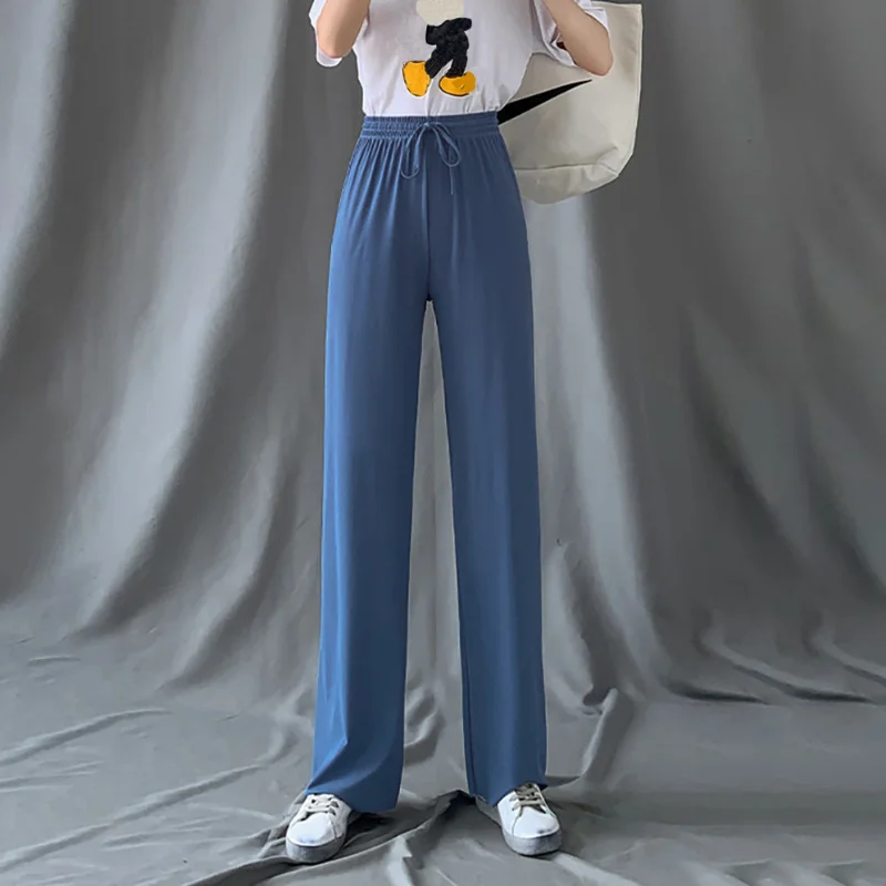 Women Pants 2023 New Spring Summer Ice Silk Wide Leg Pants High Waist Casual Female Slim Loose Straight Black Trousers Korean