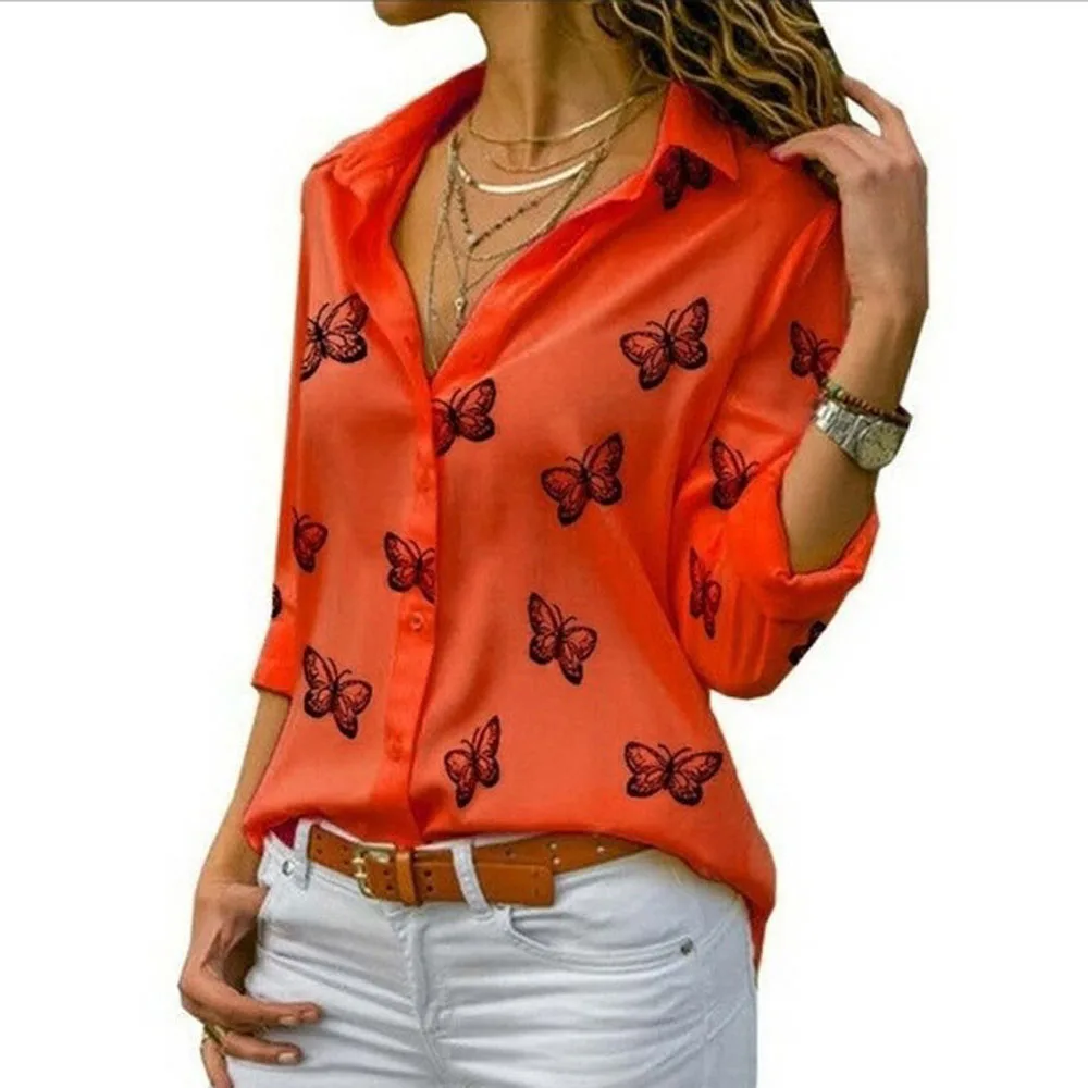 Women Butterfly Print Long Sleeve Blouse Summer Tops