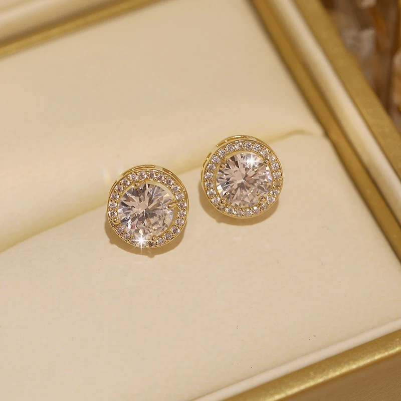 Luxury Crystal White Zircon Stud Earrings Simple Yellow Gold Color Round Vintage Wedding Jewelry For Women