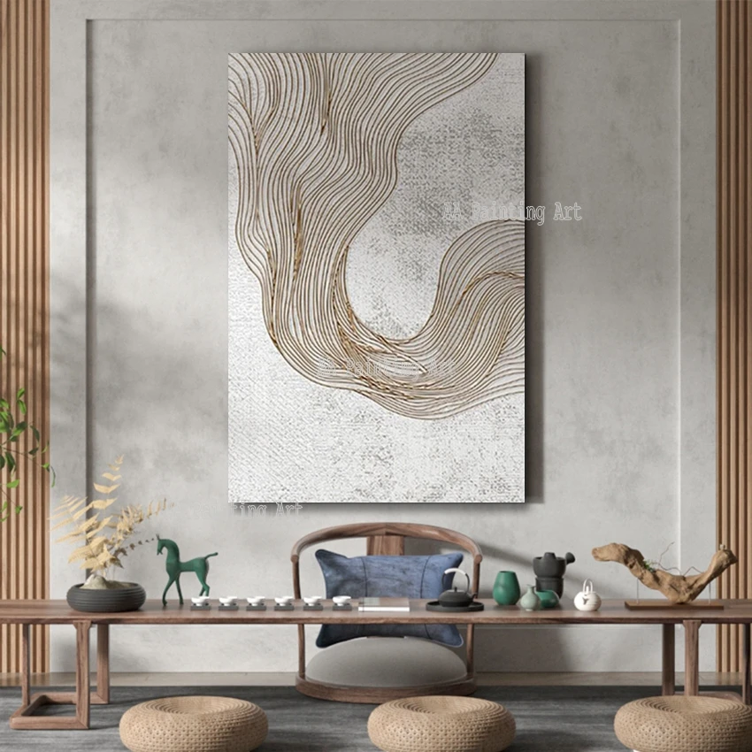 

3D Thick Textured Gold Lines Oil Painting Abstract Canvas Art Wall Decoration Acrylic Painting Picture For House Wall Showpieces