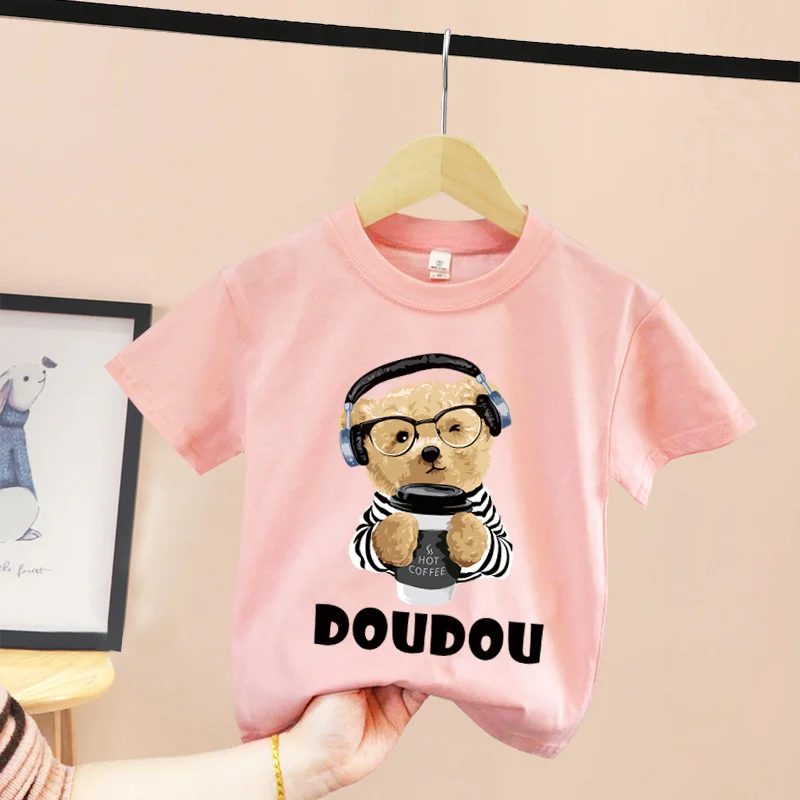 thumbnail image 1 of Camiseta de verano 100 % algodón para adolescentes, camiseta para niños con estampado sencillo de oso de dibujos animados, cuello redondo, cómoda camiseta de manga corta para niños y niñas, 1 of 5