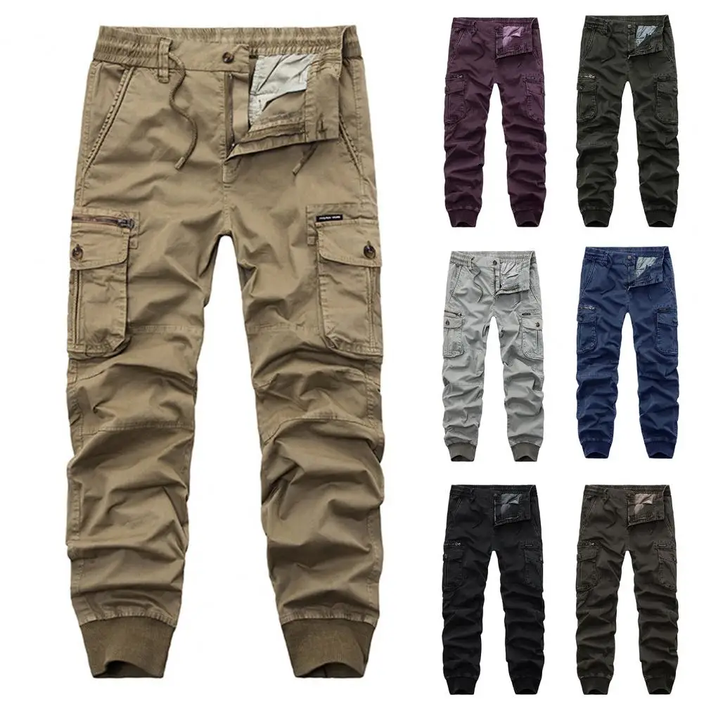 Men Cargo Pants Zipper Fly Multi Pockets Men Trousers Drawstring Elastic Waist Bottoms Ankle Tied Trousers For Working