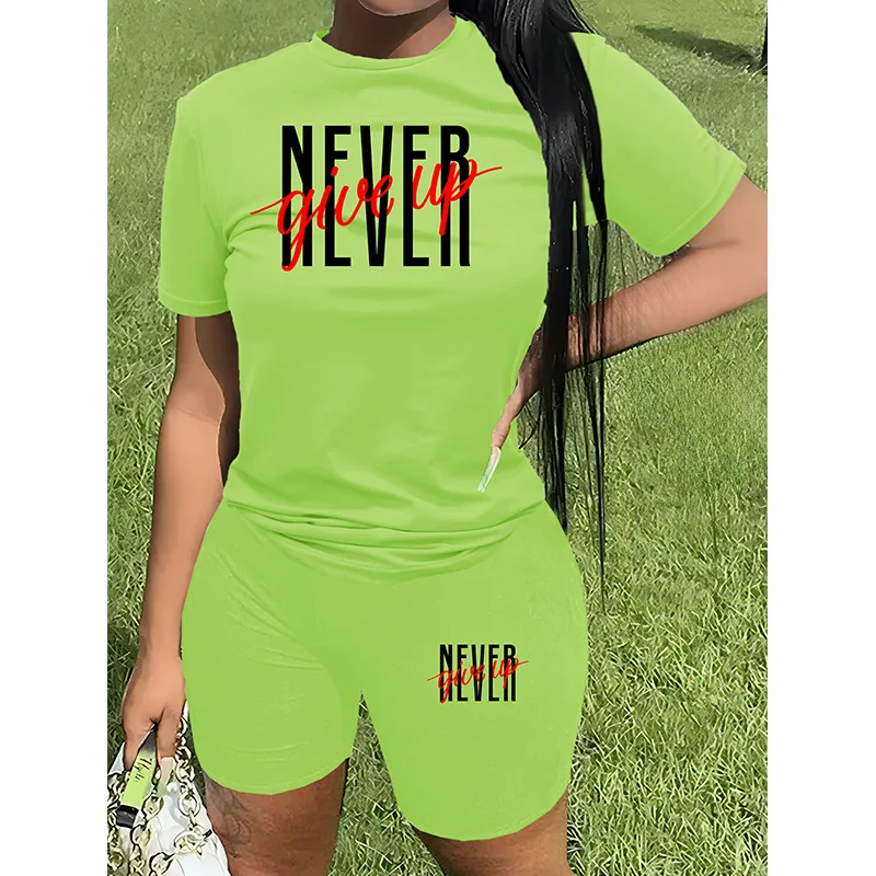 Women's Summer Casual Loose Fit Large Casual Letter Print Round Neck Short Sleeved T-shirt+shorts Two-piece Set