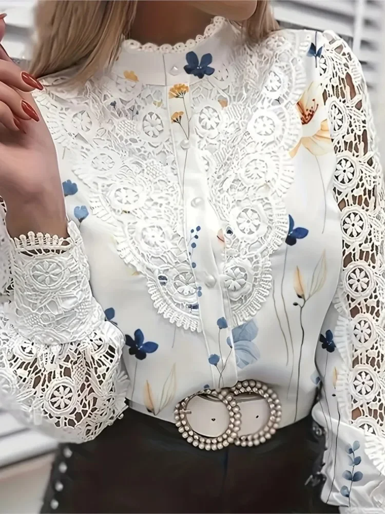 2024 Woman Shirts Long Sleeve Fashion Vintage White Lace Autumn Buttons Floral Print Tops And Blouses Womens Top Femme Shirt