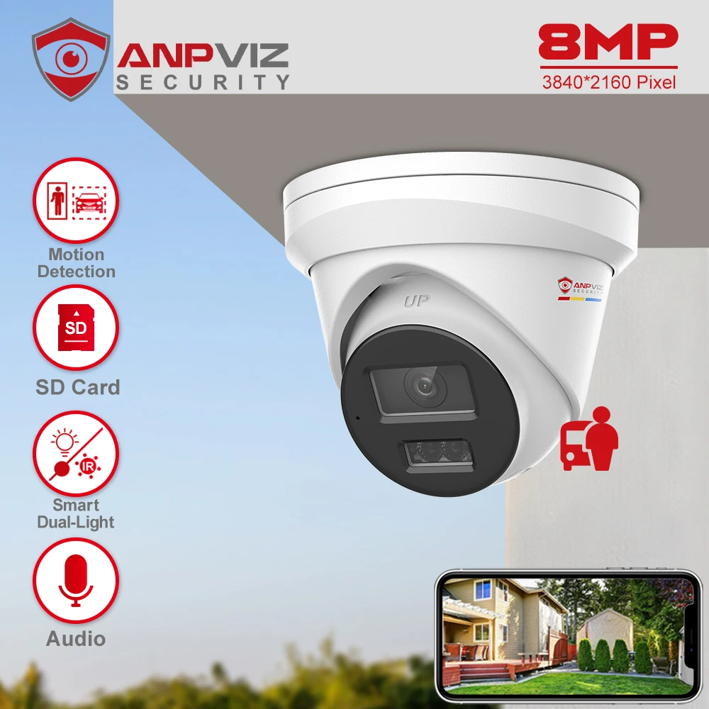 Anpviz 8Mp Poe Ip Torretta Camera Outdoor Smart Dual-Light Colorvu Cctv Videosorveglianza Ip67 Slot Per Scheda Sd Rilevamento Umano/Auto