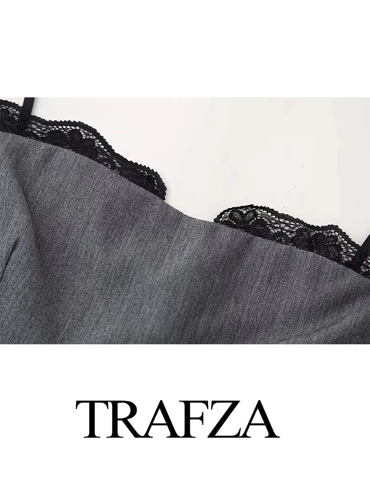 TRAFZA 여성용 실크 새틴 질감 캐미솔 탑, 민소매 백리스 레이스 장식, 짧은 스트리트 지퍼 탑, 섹시한 여름
