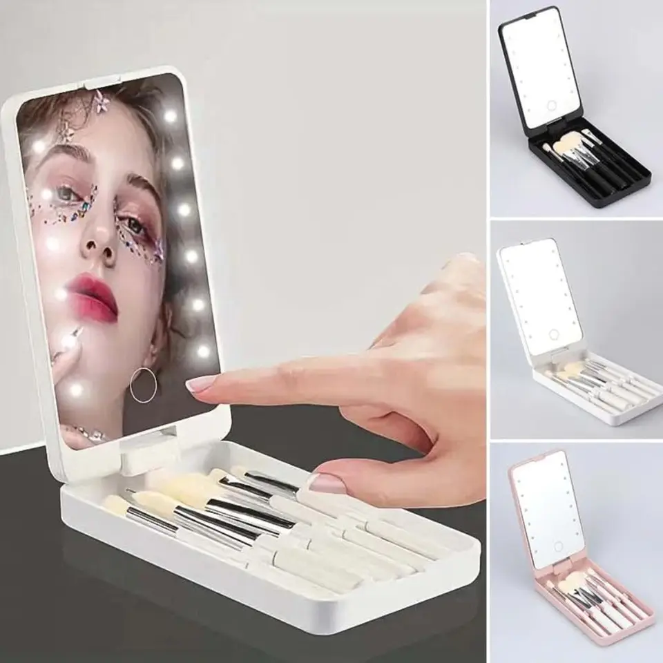 미니 충전식 메이크업 거울 컴팩트 보관함 LED 거울 (브러시 포함) 접이식 다기능 여행 메이크업 브러시 세트