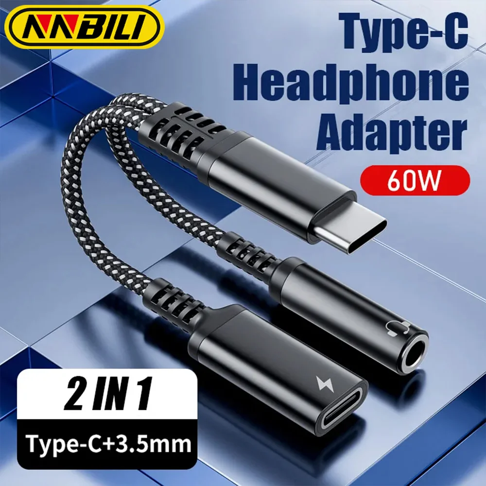 NNBILI 2in1 1in1 USB Type C to 3.5mm Headphone Audio Aux jack Adapter PD 60W Fast Charging Cable for iPhone 15 Samsung Xiaomi Best Sellers In Phones Accessories