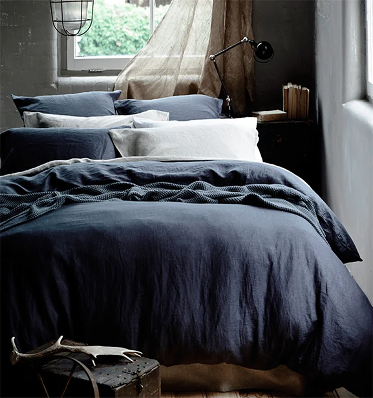 

Blue Flat Plain Linen Bedding Sets Pure Linen Duvet Cover Sets