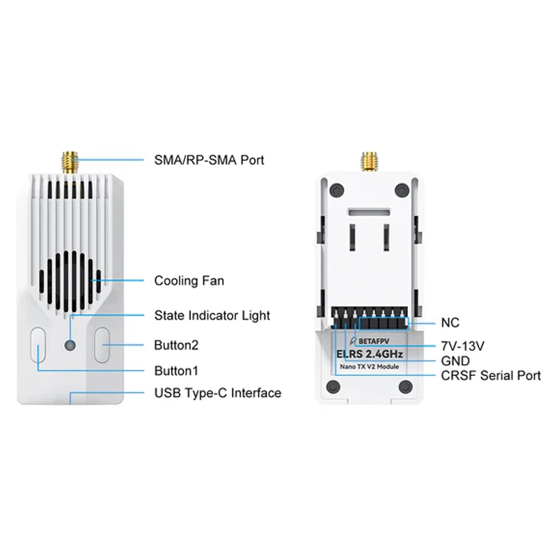 Boîte du module émetteur ExpressLRS Nano 2.4G v2 pour radiocommande de drone, avec accessoires.