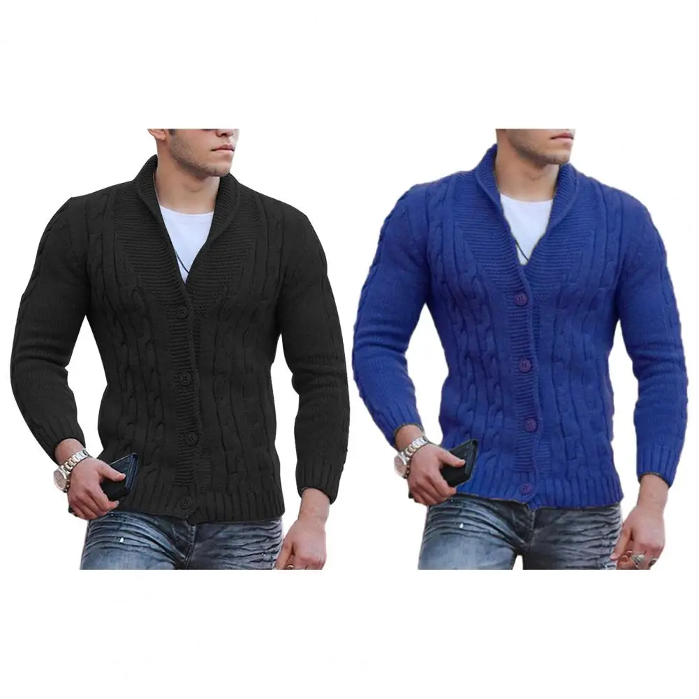 

Fall Sweater Coat Stylish Men's Knitted Cardigan Lapel Single-breasted Sweater Coat with Twisted Texture Slim Fit Cold Resistant