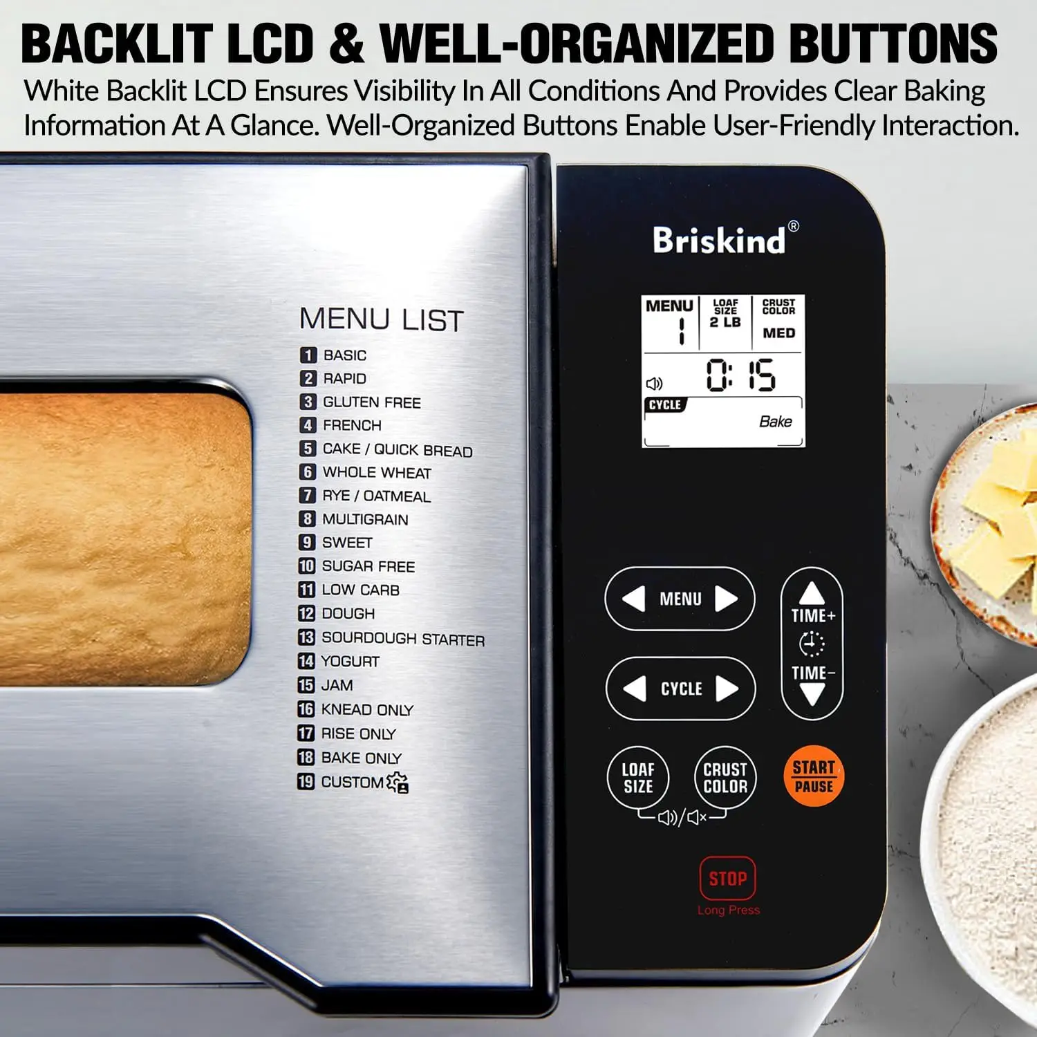 Maker Machine with Ceramic Nonstick Pan, 19 Menus, 2 Pound Stainless Steel Breadmaker with Glass Touch Panel, Gluten Free, Sourd 4