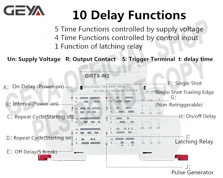 GEYA GRT8-M 16A Multifunction Timer Relay with 10 Function Choices AC DC 12V 24V 220V 230V Time Relay