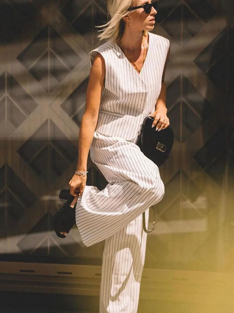 Tossy Fashion Striped Vest Trousers 2-piece Set Women's Color Block Button Casual Sleeveless Commuting Pants Suit Women's Suit