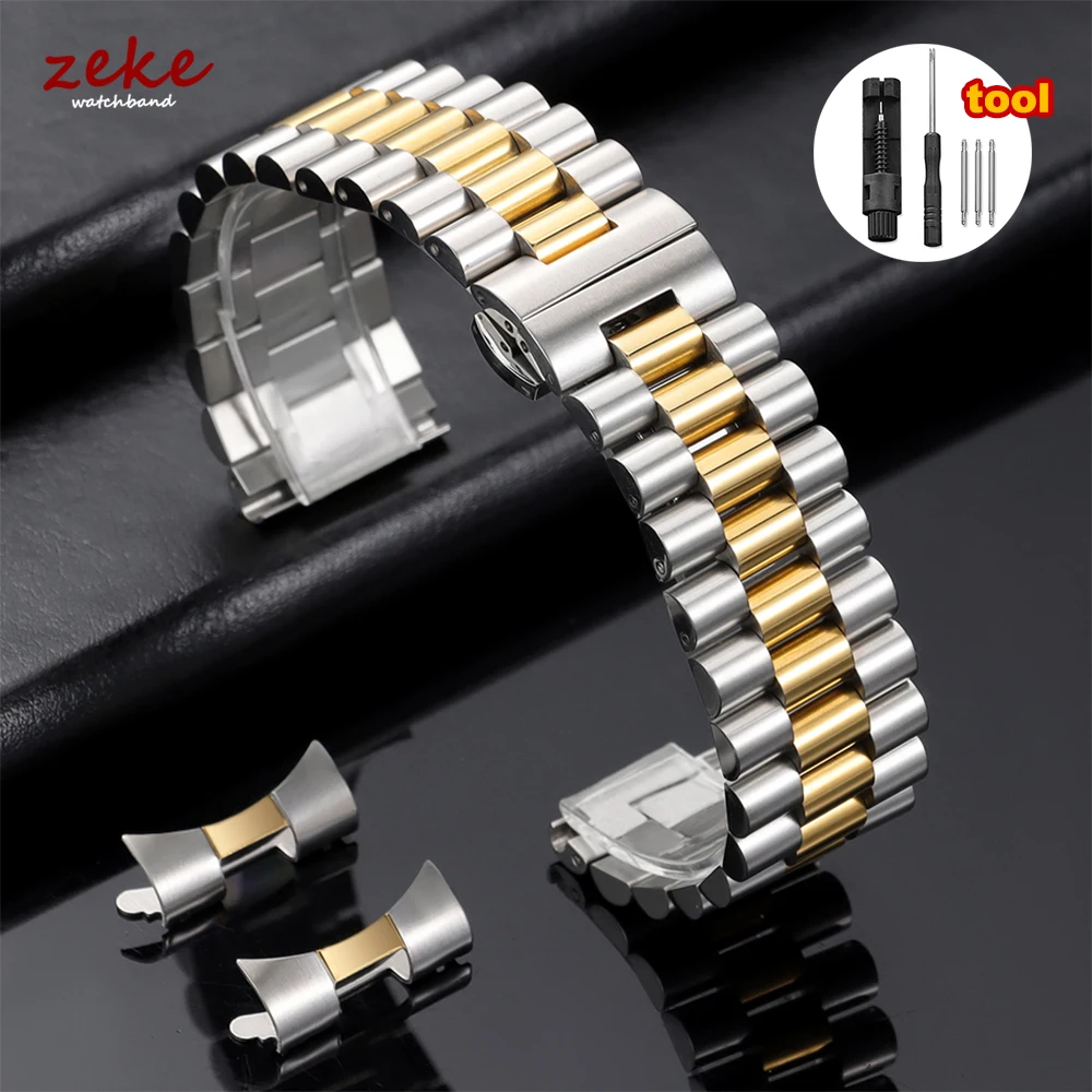 Elegant Solid Stainless Steel Curved-End Watch Band Bracelet