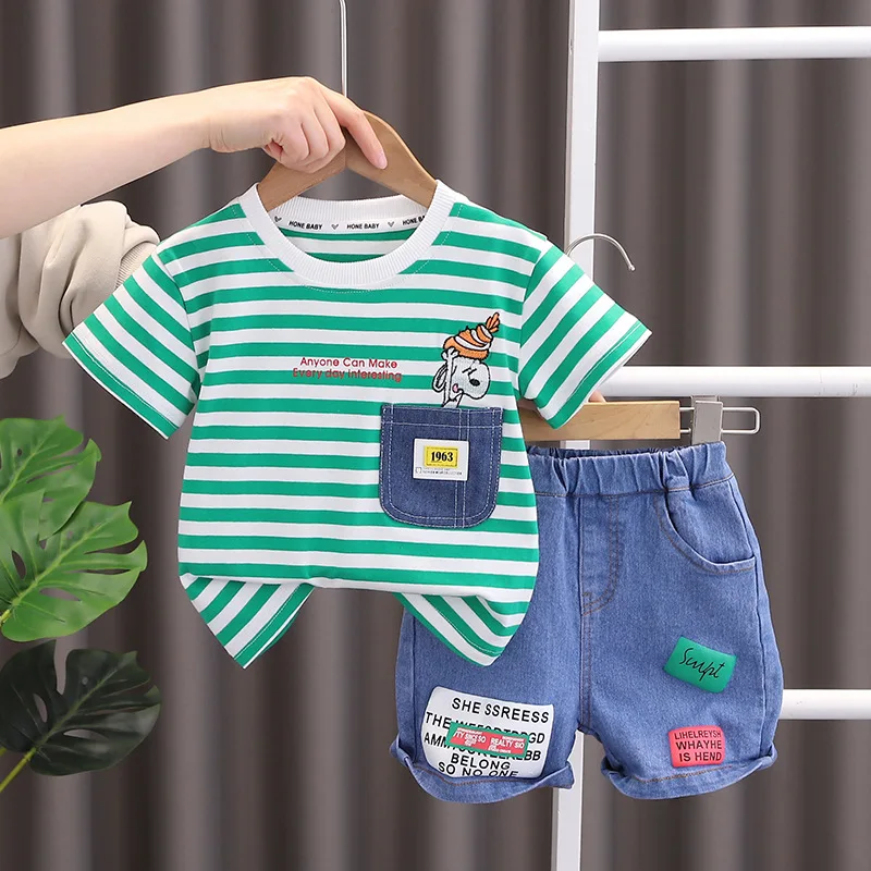 

2023 Summer Baby Boy Clothes 12 to 18 Months Cartoon Striped Short Sleeve T-shirts and Denim Shorts 2PCS Toddler Boys Outfit Set