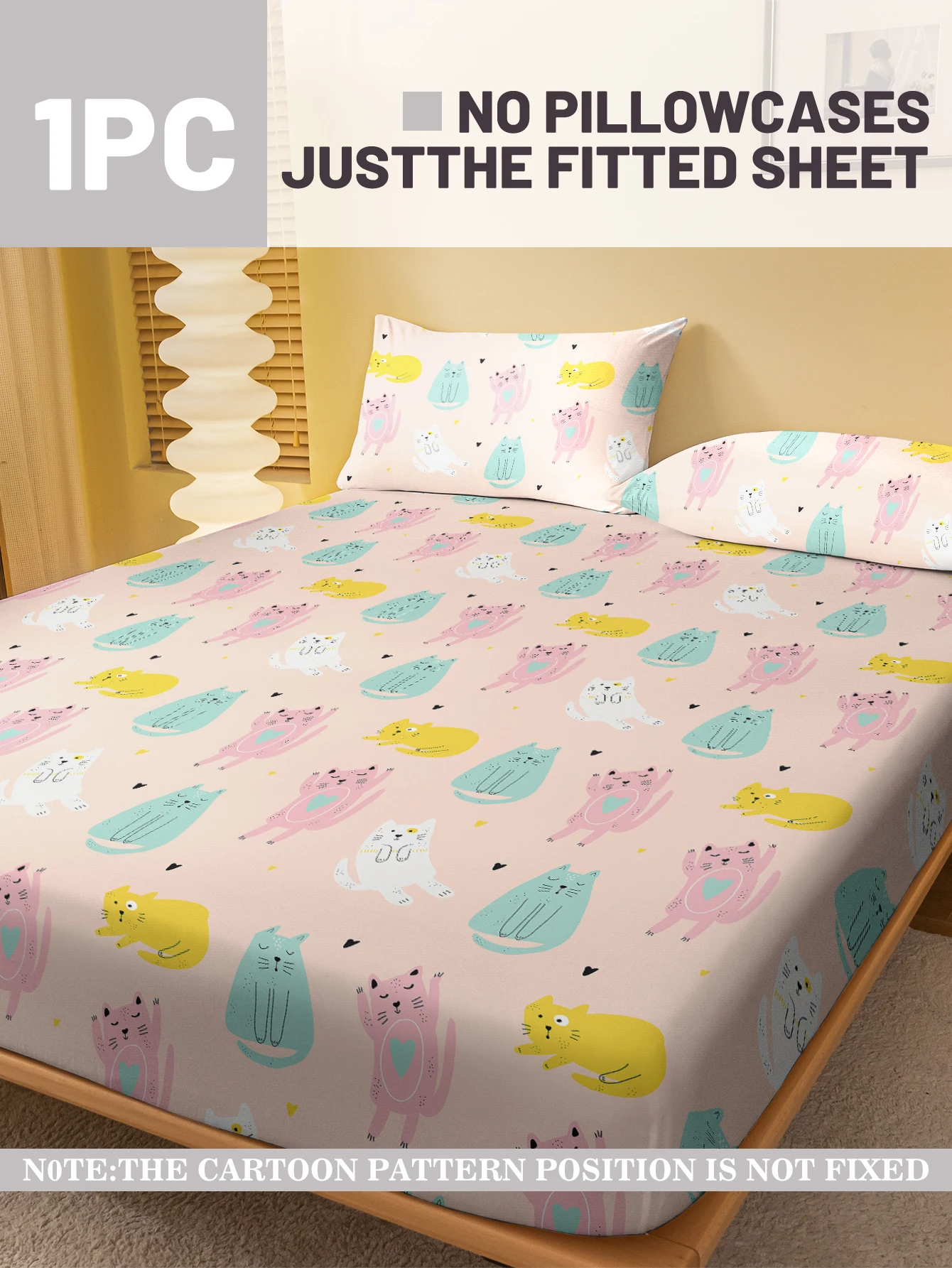 1 Cartoon Cute animal Cat Printed Matte Fitted Sheet, Bedroom Printed Bed Cover, Bedding (Excluding Pillowcases) 2