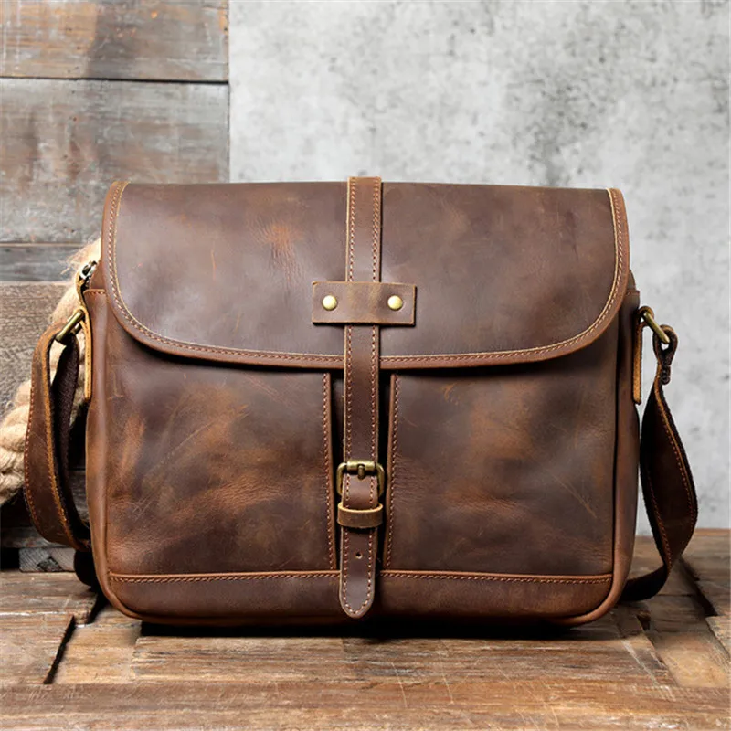 Vintage crazy horse cowhide men's messenger bag high-quality natural genuine leather designer daily work shoulder bag