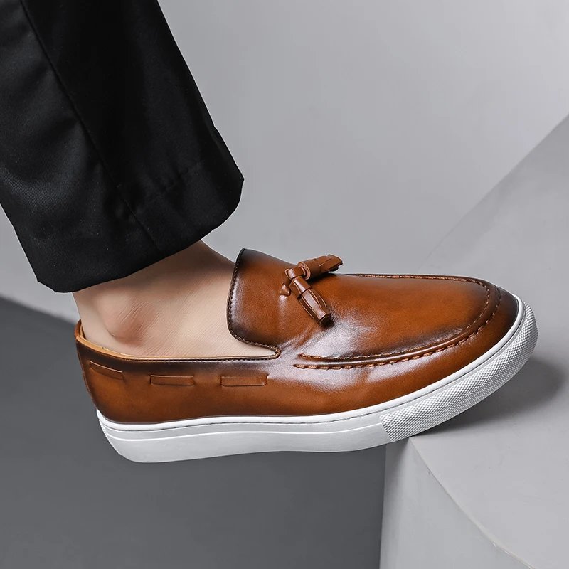 Brand High Quality Tassels Men's Shoes Handmade Leather Footwear Casual Business Flats Outdoor Soft Soled Travel Slip-on Shoes