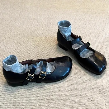 Scarpe Tabis con cinturino a doppia fibbia Scarpe da donna in pelle solida Mary Janes Scarpe basse con tacco basso Mocassini da donna Scarpe da passeggio a piedi nudi 1