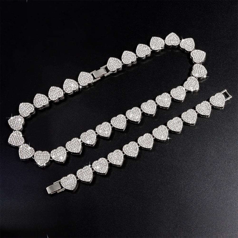 Iced Out Shine Crystal Heart Necklace for Women Bling Hip Hop