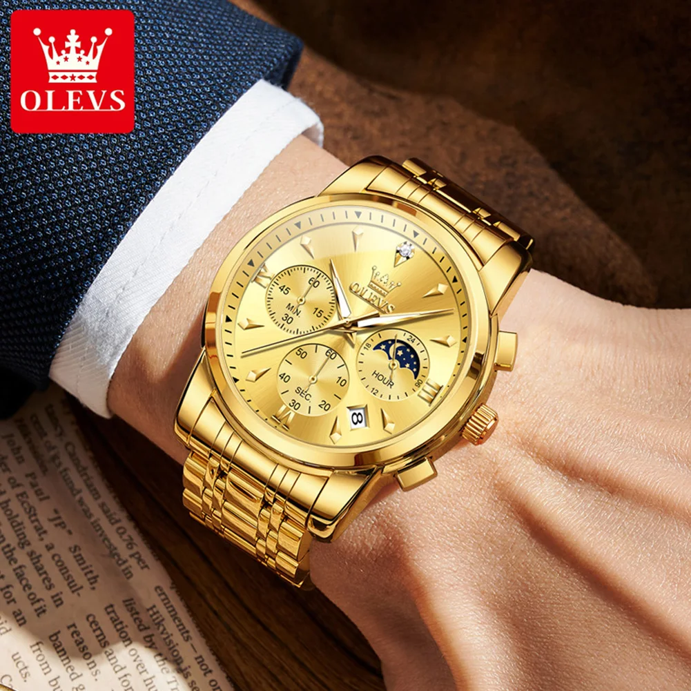 OLEVS 3639 Man Watches Moon Phase Quartz Watch For Men Fashion Chronograph Luxury Wristwatch Waterproof Luminous Date Hand Clock