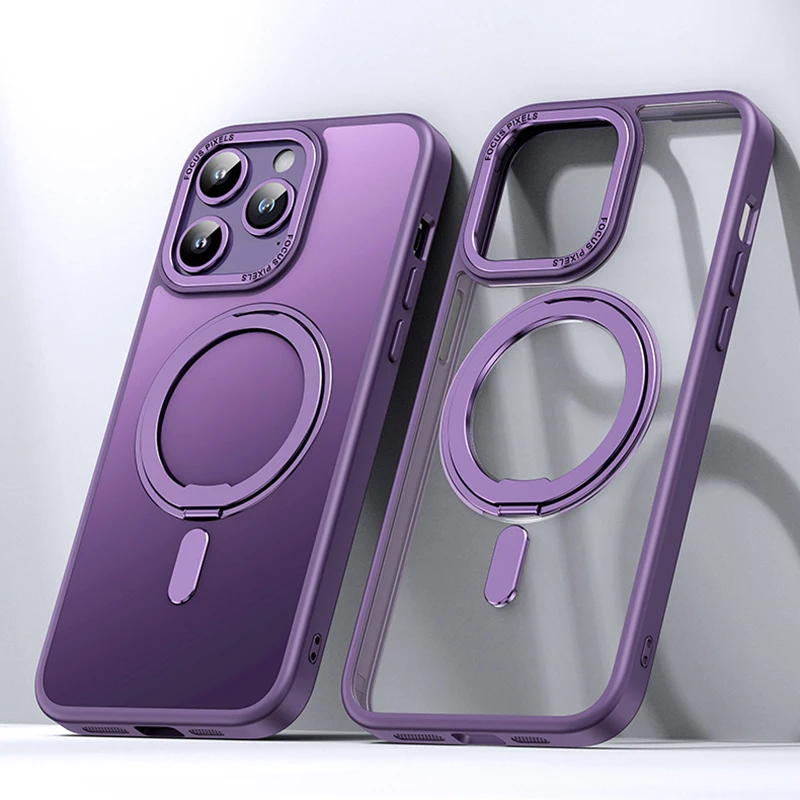 Magnetic 360° Rotation Stand Phone Case with Ring Holder - Frosted Transparent Matte Finish