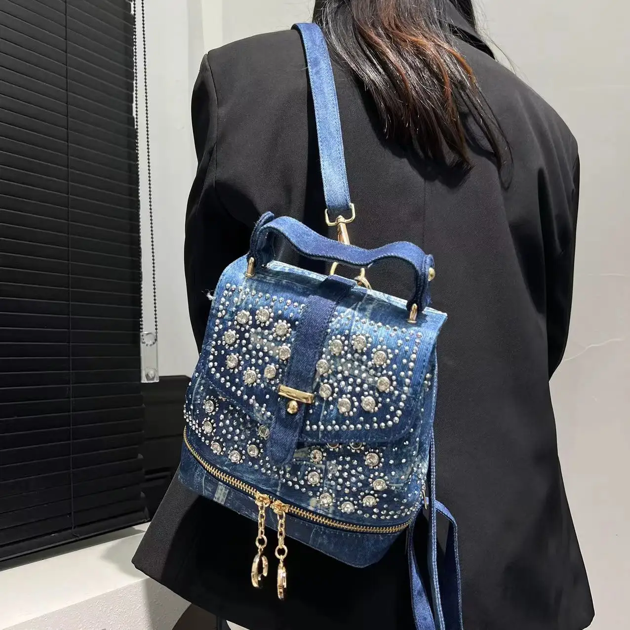 Women's Fashion Diamond Elegant Backpack Multifunctional Diamond Denim Shoulder Bag 2
