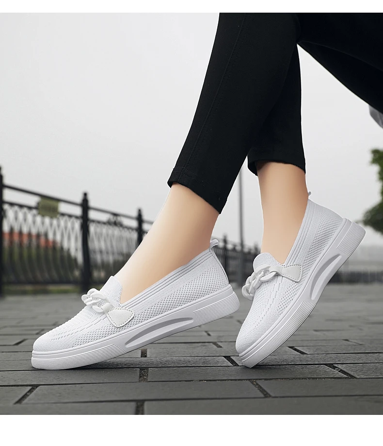 Women's Summer Footwear Slip On Female Chain Ballet Flats Sneakers Elegant Comfortable White Nurse Shoes Ladies Loafers