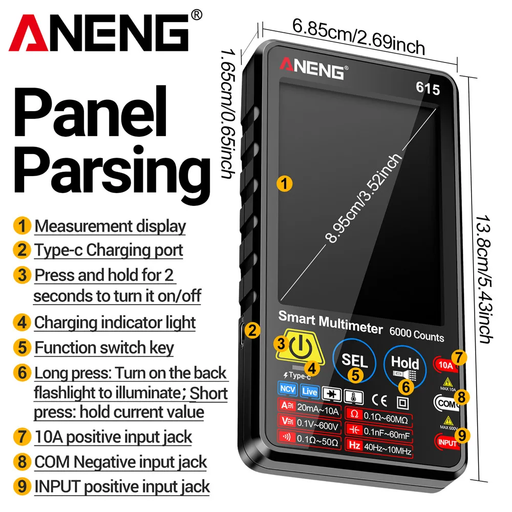 ANENG 615 Smart Multimeter Touch Multitester AC/DC Current Voltage Tester 6000 Counts NCV Meter Battery Charging Instrument Tool