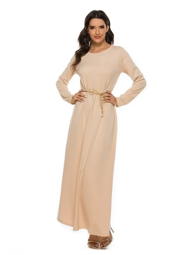 2023 Hot Sale Islamic Women's Muslim Abaya Basic Style Solid Color A- Line Long Sleeve Dress with Belt Casual for Party