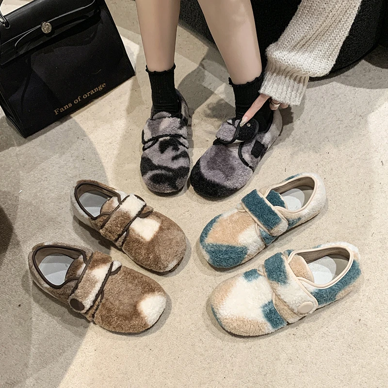 

Round Toe Women All-Match Mixed Colors Loafers Fur Moccasin Shoes Casual Female Sneakers New Winter Moccasins Leisure Rome Basic