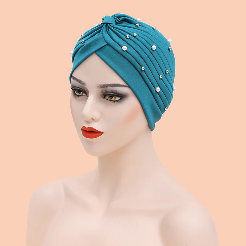 African Headwrap Ladies Head Wraps India Hat Hijabs Cap Women Beaded Turban Bonnet Soild Color Cotton Turban Hat Inner Hijab Cap