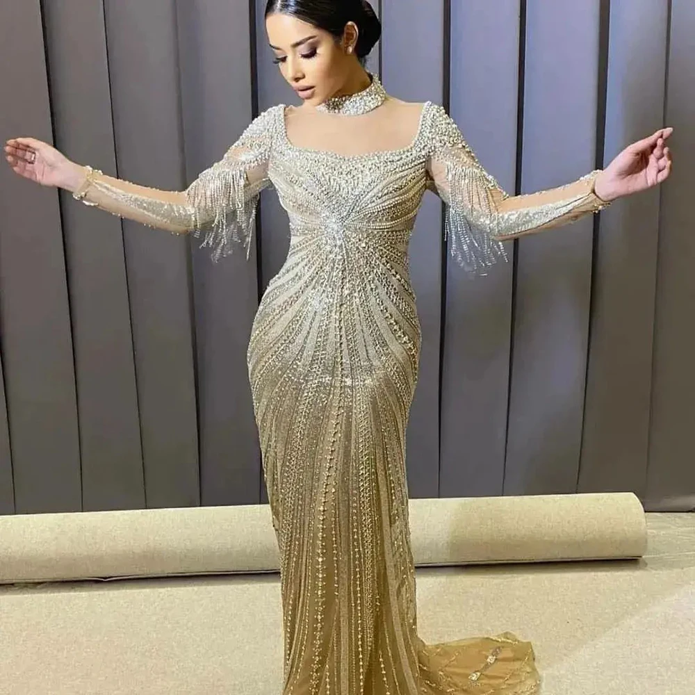 Serene Hill Nude Muslim Beaded Tassel  Mermaid Dubai Arabic Evening Dresses Gowns Luxury 2023 For Women Wedding Party LA71533