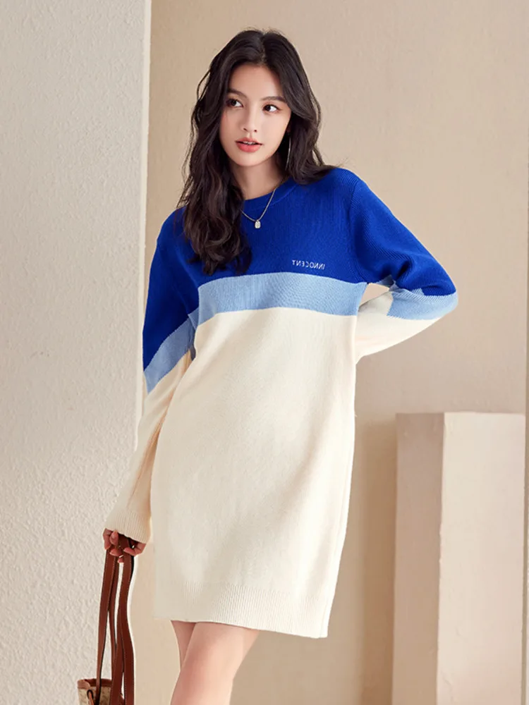 

Осенне-зимнее Новое Женское вязаное мини-платье корейская мода с длинным рукавом подходящие цвета повседневные Прямые платья-пуловеры