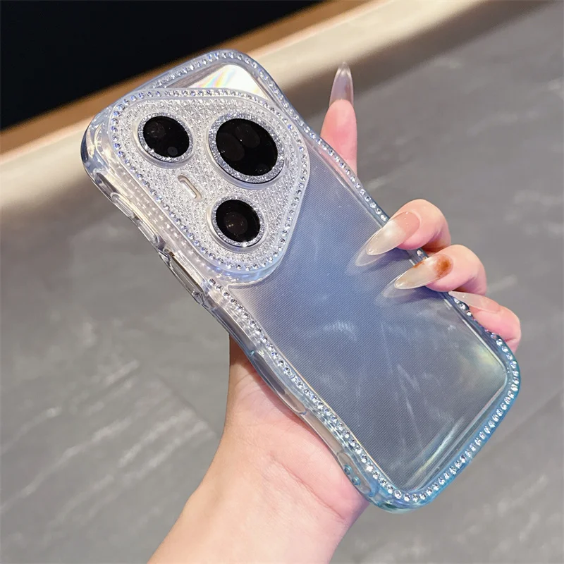 Transparent Flash Diamond Gradient Phone Case with Wavy Frame Design - Soft TPU Back Cover