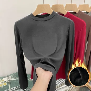 الخريف الشتاء الأساسية عالية الجودة القطن تي شيرت أنيق سليم الصوف مبطن القمم المرأة الياقة المدورة طويلة الأكمام سميكة تي شيرت 4