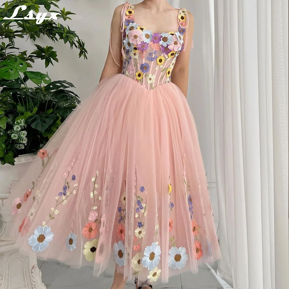 

LSYX Pastrol Floral Appliques Prom Gown A-line Ankle-Length Homecoming Dresses 2024 Fairy Spaghetti Strap Birthday Party Dresses