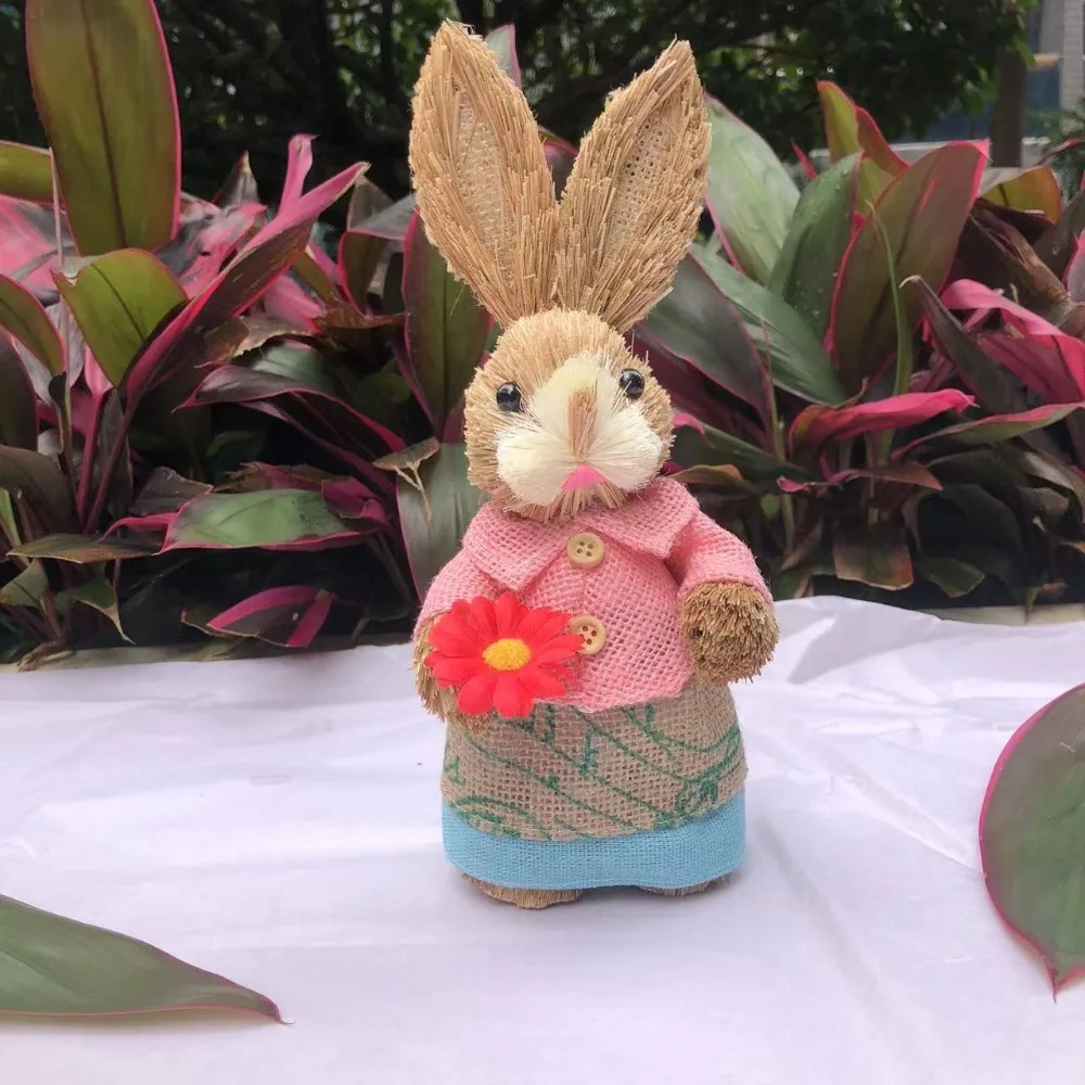 Cute Straw Rabbits Handmade DIY Garden Statues Gift Hand Weave Landscape Rabbit Statue 25cm