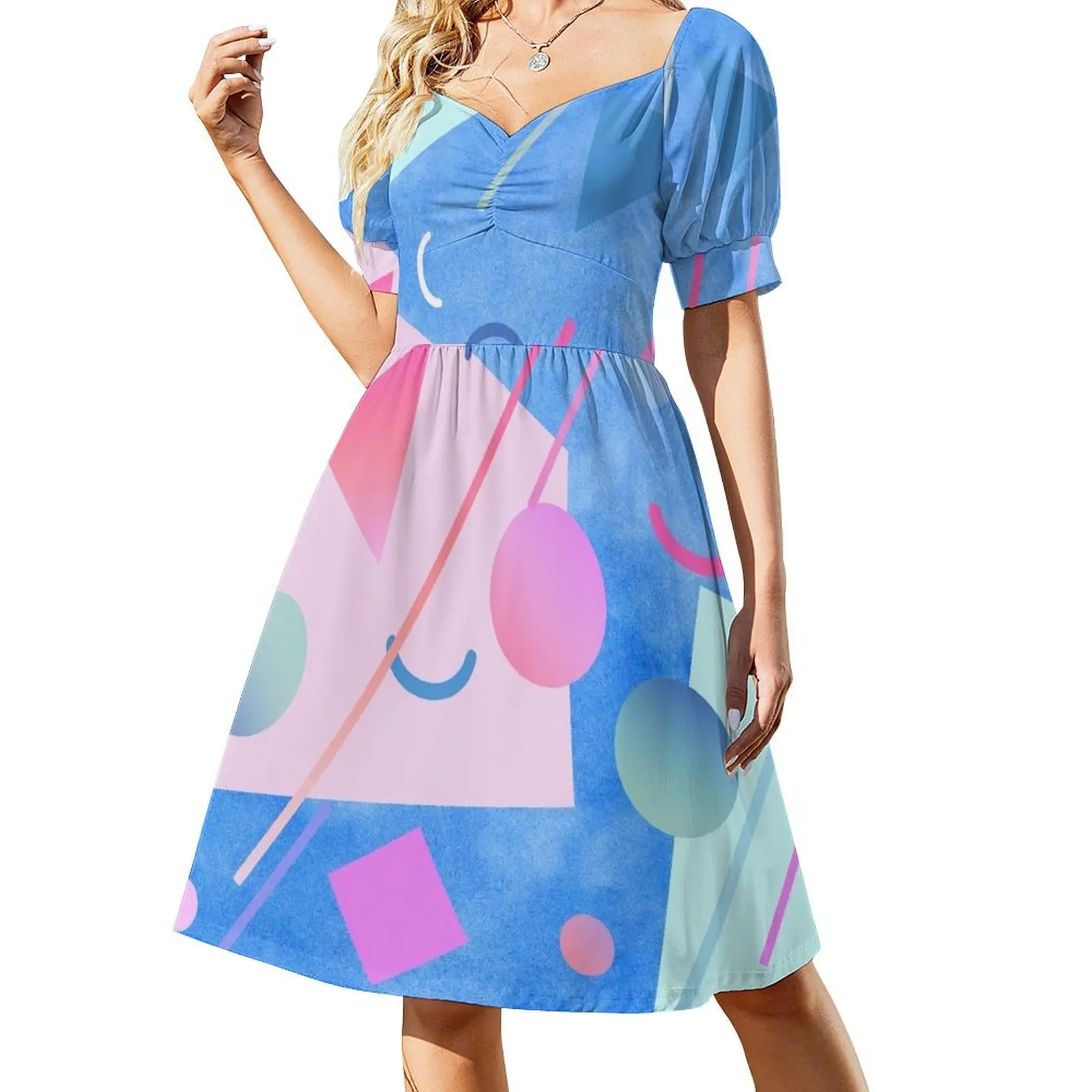thumbnail image 1 of Vestido de manga corta azul memphis retro pop de los años 80 vestidos africanos para mujer vestidos de cóctel, 1 of 7